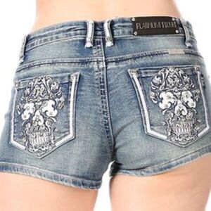 Platinum Plush Skull Candy Stretch Rhinestone Shorts